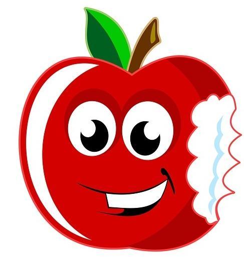 Red cartoon apple with a happy face on it and a bite from it's right hand side